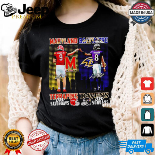 Maryland Terrapins on Saturdays and Baltimore Ravens on Sundays Edwards Jr and Jackson signatures shirt