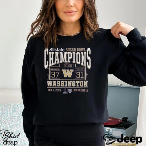 Men’s Fanatics Branded Purple Washington Huskies College Football Playoff 2024 Sugar Bowl Champions Score T Shirt