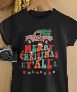 Merry Christmas Yall Santa Retro Red Truck Pajamas Groovy shirt