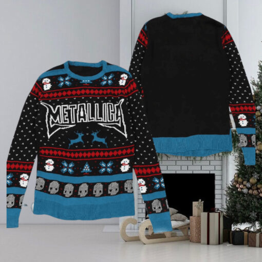 Metallica Christmas Holiday Style Snowflakes Reindeer Pattern Black And Blue 2024 Ugly Christmas Ugly Sweater