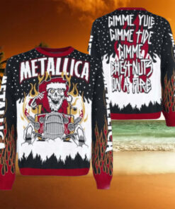 Metallica Gimme Yule Holiday Gimme Chest Nuts On A Fire Skeleton Santa On The Hot Rod Holiday Christmas Ugly Sweater