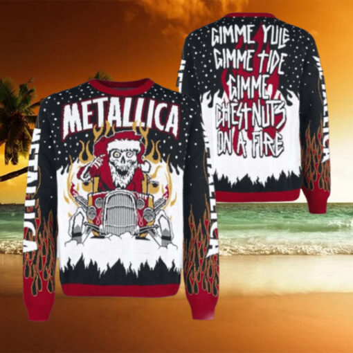 Metallica Gimme Yule Holiday Gimme Chest Nuts On A Fire Skeleton Santa On The Hot Rod Holiday Christmas Ugly Sweater