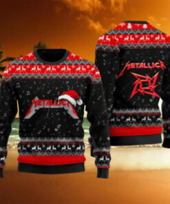 Metallica Signature Logo With Santa Hat Reindeer Pattern Black And Red Knitted Ugly Christmas Sweater