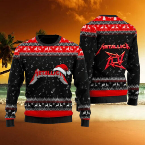 Metallica Signature Logo With Santa Hat Reindeer Pattern Black And Red Knitted Ugly Christmas Sweater