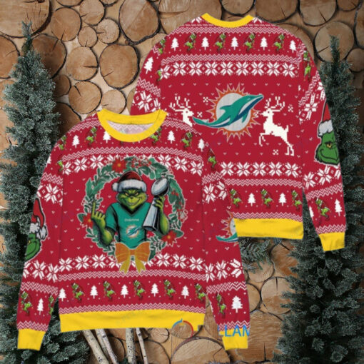 Miami Dolphins x Grinch NFL Dr. Seuss How the Grinch Stole Christmas with Super Bowl Trophy Ugly Christmas Sweater Red