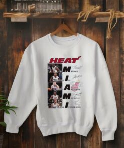 **Miami Heat Signatures Shirt** featuring the autographs of key players Bam Adebayo, Terry Rozier, Duncan Robinson, Jimmy Butler, and Tyler Herro. A perfect shirt for fans looking to celebrate these standout players and their impact on the Miami Heat team.