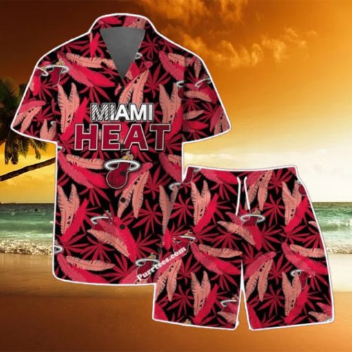 Miami Heat Team Logo Pattern Leaves Vintage Art Hawaiian Shirt & Short