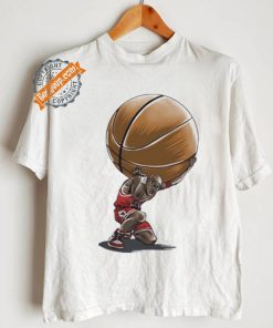 Michael Jordan in the style of Atlas holding the world of basketball on his shoulders shirt