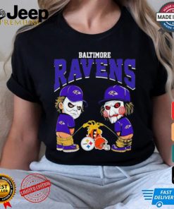 Michael Myers And Billy The Puppet X Baltimore Ravens Pee On NFL Teams Halloween Shirt