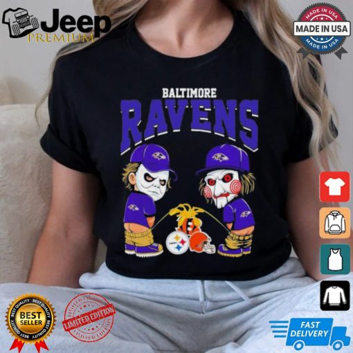 Michael Myers And Billy The Puppet X Baltimore Ravens Pee On NFL Teams Halloween Shirt