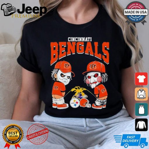 Michael Myers And Billy The Puppet X Cincinnati Bengals Pee On NFL Teams Halloween Shirt