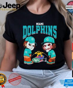 Michael Myers And Billy The Puppet X Miami Dolphins Pee On NFL Teams Halloween Shirt