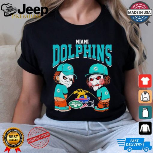 Michael Myers And Billy The Puppet X Miami Dolphins Pee On NFL Teams Halloween Shirt