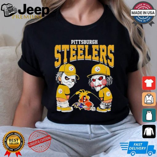 Michael Myers And Billy The Puppet X Pittsburgh Steelers Pee On NFL Teams Halloween Shirt