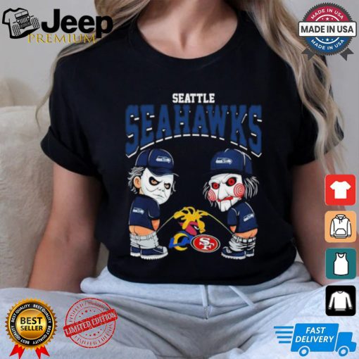 Michael Myers And Billy The Puppet X Seattle Seahawks Pee On NFL Teams Halloween Shirt