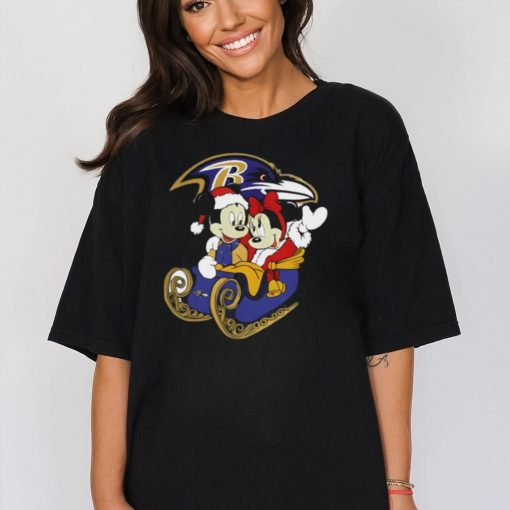 Mickey Minnie Santa Ride Sleigh Christmas Baltimore Ravens 2024 Shirt