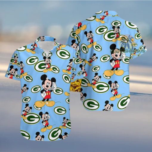 Mickey Mouse Call Phone Green Bay Packers Blue Button Down Hawaiian Shirt