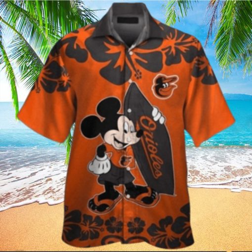 Mickey Mouse Graphic Baltimore Orioles Tropical Hibiscus Flower Hawaiian Shirt