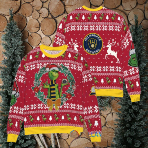 Milwaukee Brewers x Grinch Dr. Seuss How the Grinch Stole Christmas MLB with World Series Trophy Ugly Christmas Sweater Red