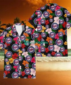 Minnesota Twins Pink Orange Yellow White Hibiscus Black Background 3D Hawaiian Shirt Gift For Fans