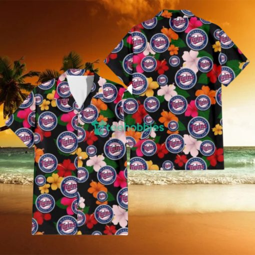 Minnesota Twins Pink Orange Yellow White Hibiscus Black Background 3D Hawaiian Shirt Gift For Fans