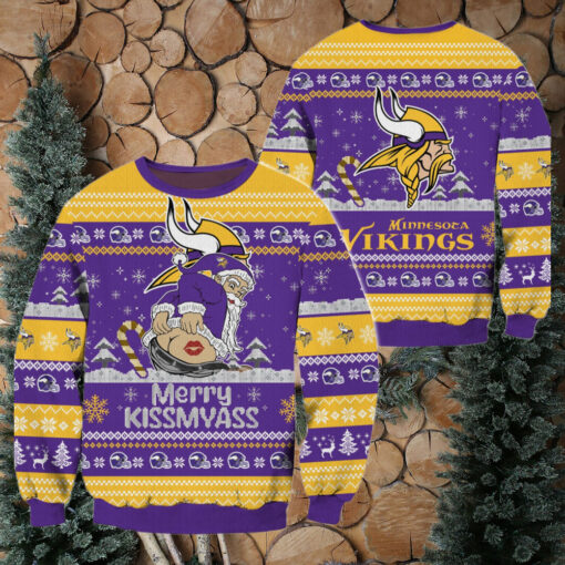 Minnesota Vikings NFL 2024 Merrykissmyass Funny Santa Claus Christmas Ugly Sweater