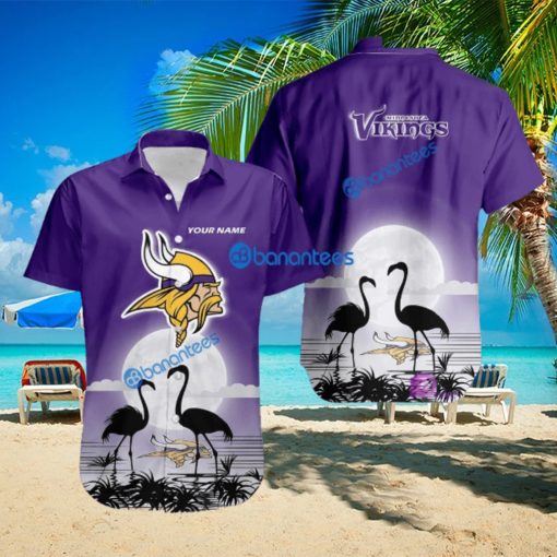 Minnesota Vikings Nfl Team With Flamingo Moon Pattern Button Down Hawaiian Shirt For Big Fans Custom Name