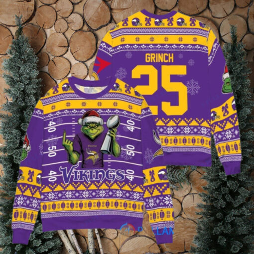 Minnesota Vikings x Grinch Christmas Dr. Seuss How the Grinch Stole Christmas with Super Bowl Trophy Custom Ugly Christmas Sweater