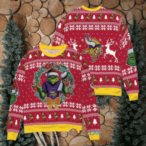 Minnesota Vikings x Grinch NFL Dr. Seuss How the Grinch Stole Christmas with Super Bowl Trophy Ugly Christmas Sweater Red