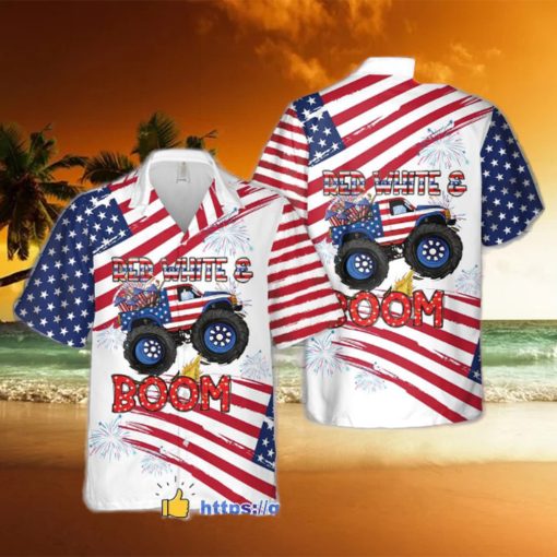 Monster Truck Red White And Boom 4th of July Short Sleeve Hawaiian Shirt