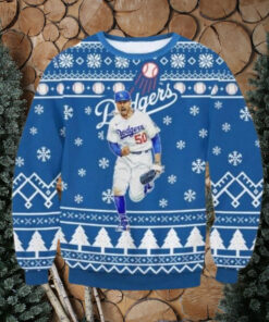 Mookie Betts Running Dodgers Snowflake Christmas Sweater