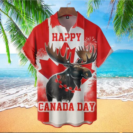 Moose Happy Canada Day Short Sleeve Hawaiian Shirt