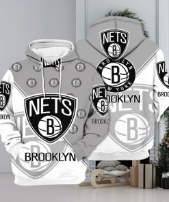 NBA Brooklyn Nets Gray White Half Multi Logo Pullover Hoodie