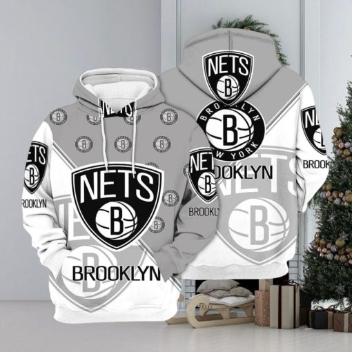 NBA Brooklyn Nets Gray White Half Multi Logo Pullover Hoodie