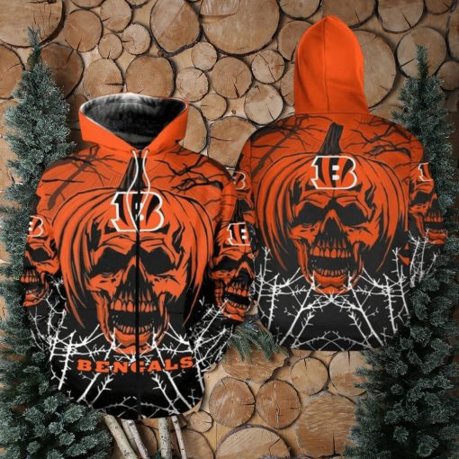 NFL Cincinnati Bengals Orange Pumpkin Skull Zip Up Hoodie