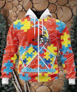 NFL Cleveland Browns Custom Name Number Puzzle Autism Awareness Zip Up Hoodie