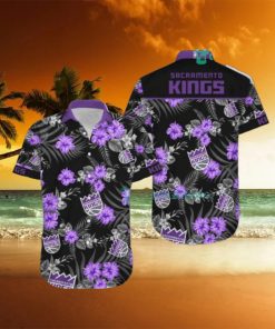 Nba Sacramento Kings Purple Black Tropical Flowers Hawaiian Shirt