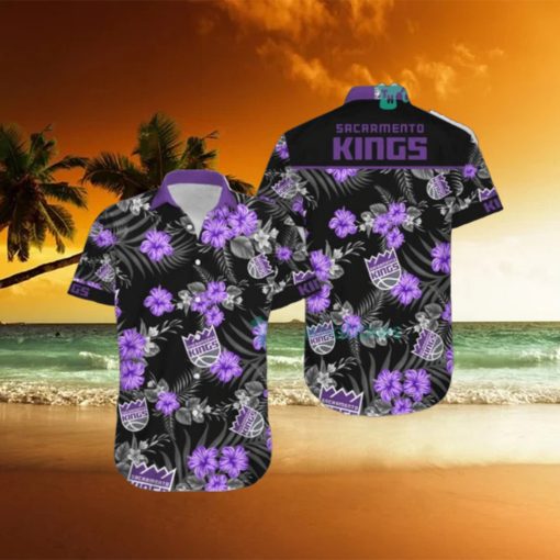 Nba Sacramento Kings Purple Black Tropical Flowers Hawaiian Shirt