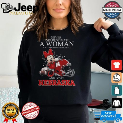 Never Underestimate A Woman Who Understands Football And Loves Nebraska Cornhuskers x Minnie Mouse T Shirt