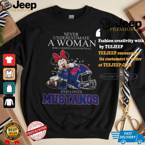 Never Underestimate A Woman Who Understands Football And Loves SMU Mustangs x Minnie Mouse T Shirt