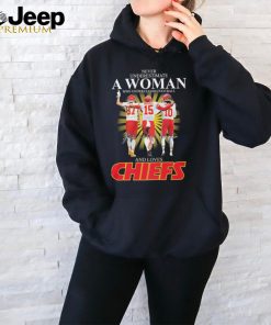 Never underestimate a Woman who understands football and loves Chiefs Kelce Mahomes and Pacheco signatures shirt