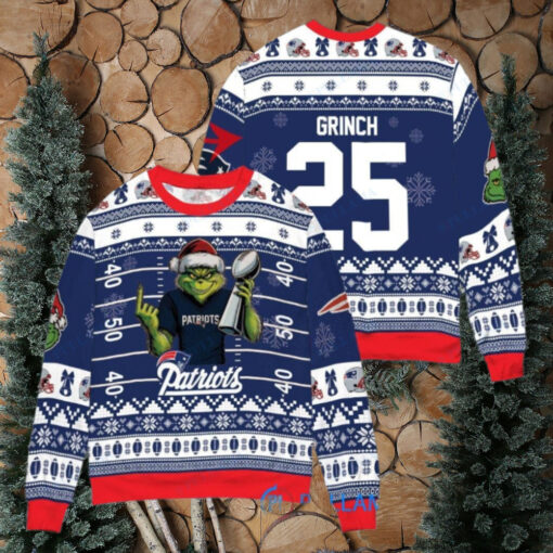 New England Patriots x Grinch Christmas Dr. Seuss How the Grinch Stole Christmas with Super Bowl Trophy Custom Ugly Christmas Sweater