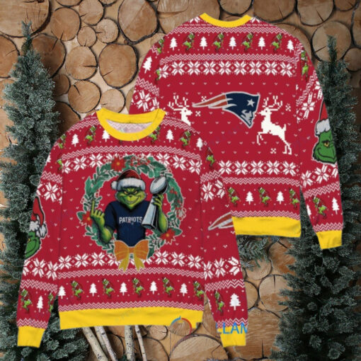 New England Patriots x Grinch NFL Dr. Seuss How the Grinch Stole Christmas with Super Bowl Trophy Ugly Christmas Sweater Red