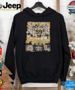 New Orleans Saints 58th Anniversary 1967-2025 Signature shirt featuring a commemorative design celebrating 58 years of the Saints. The shirt includes anniversary text, the team's logo, and signatures from key players, honoring the team's rich history and memorable moments. Perfect for fans of the New Orleans Saints!