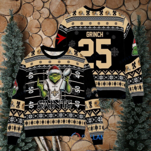 New Orleans Saints x Grinch Christmas Dr. Seuss How the Grinch Stole Christmas with Super Bowl Trophy Custom Ugly Christmas Sweater