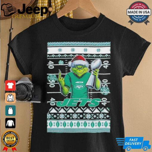 New York Jets X Grinch Christmas with Super Bowl Trophy ugly Christmas shirt