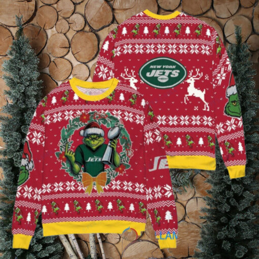 New York Jets x Grinch NFL Dr. Seuss How the Grinch Stole Christmas with Super Bowl Trophy Ugly Christmas Sweater Red