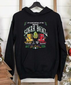 **Notre Dame Fighting Irish vs. Georgia Bulldogs CFP Sugar Bowl 2024-25 Quarterfinals Shirt** featuring bold graphics of both teams and the game details, celebrating the showdown in the College Football Playoff Sugar Bowl. Perfect for fans of both teams ahead of this exciting quarterfinal matchup.