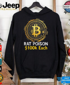 Official Bitcoin Rat Poison $100K Each new t-shirt, bold cryptocurrency-themed design for Bitcoin enthusiasts, celebrating milestones and market success.