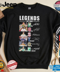 Official Boston Sports Teams Legends Est 1630 Larry Bird David Ortiz Ted Williams Tom Brady Bobby Orr and John Havlicek Signatures shirt